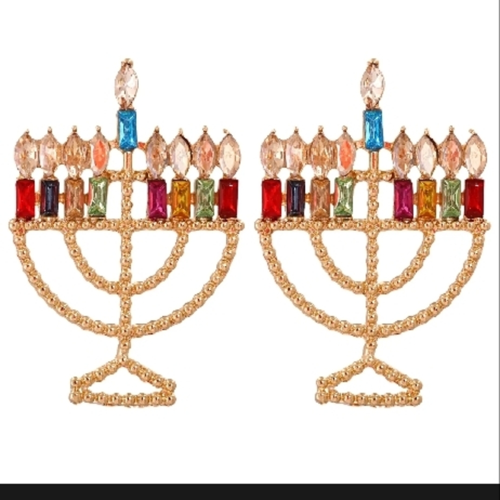 Menorah Earrings Colorful Hanukkah Earrings - Picture 7 of 9